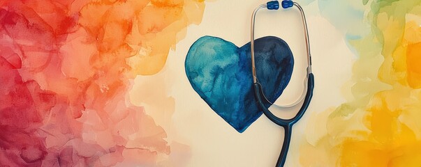 A vibrant watercolor composition featuring a stethoscope against a heart shape, symbolizing healthcare and compassionHealth and medical checkup concept