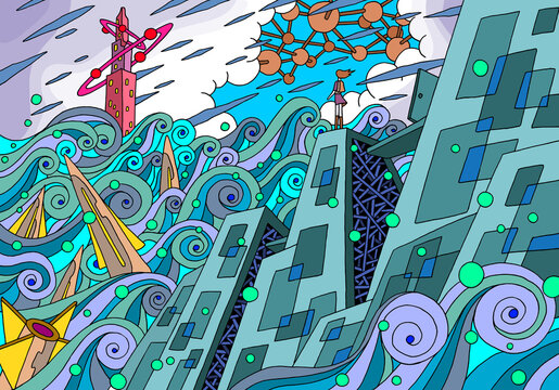 SFイラスト - 外界・大波・津波・嵐・未来世界・基地