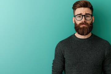 Fototapeta premium A stylish man with a beard and glasses poses against a teal background, showcasing a casual sweater look with a confident expressionHealth and medical checkup concept