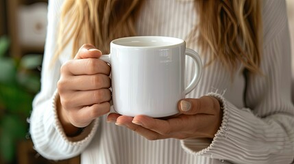 Woman's Hand Holding a White Mug with a Blank Surface