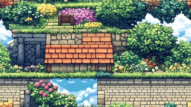 Pixel Art Seamless Tile Set,  Stone Walls, Green Grass, and Flower Gardens for Video Game or Website Design