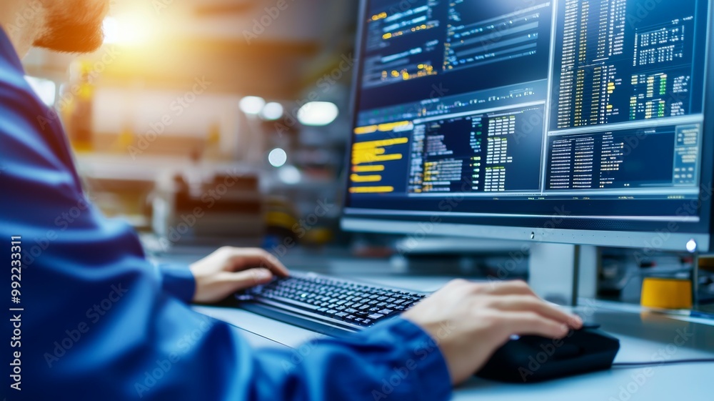 Poster Concept of focus and concentration as the man works on his computer