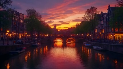 Amsterdam Canals at Sunset with Bridge and Boats.