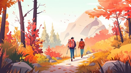 hiking trail in autumn, hikers enjoying vibrant landscapes, sunny day 