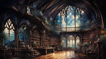 Obraz premium A magical library filled with towering bookshelves, intricate architecture, and stunning stained glass window.