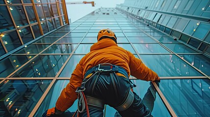 Fototapeta premium A Window Washer Suspended from a High-Rise Building