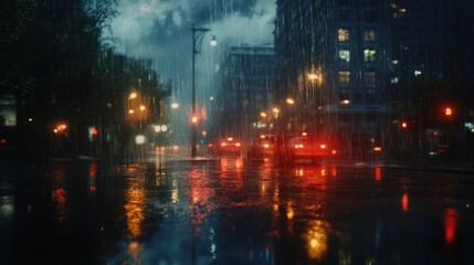Fototapeta premium A heavy rainstorm over a city street, with reflections of streetlights in the water and dark clouds looming above.