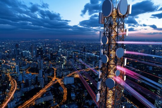 A 3D-rendered communication tower in a virtual city, with digital signals traveling between devices in a highly realistic environment
