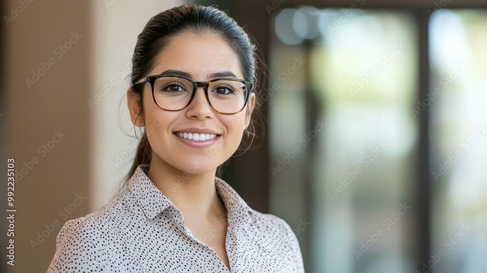 Poster A woman wearing glasses and a polka dot shirt is smiling