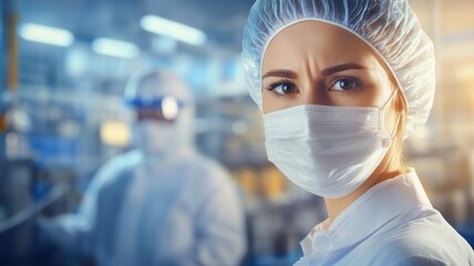 A woman wearing a white lab coat and a white hat is wearing a surgical mask