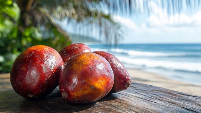 Mamey sapote fruits resting smooth stone table stylish beachfront caf brightly colored cocktails and ocean waves softly blurred behind promoting a fresh tropical vibe Scientific name Pouteria sapota