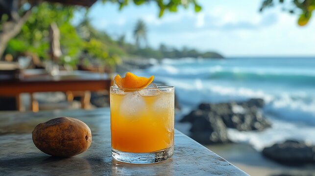 Mamey sapote fruits resting smooth stone table stylish beachfront caf brightly colored cocktails and ocean waves softly blurred behind promoting a fresh tropical vibe Scientific name Pouteria sapota
