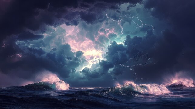 A powerful thunderstorm over an ocean, with dramatic lightning illuminating the dark clouds and waves crashing below.