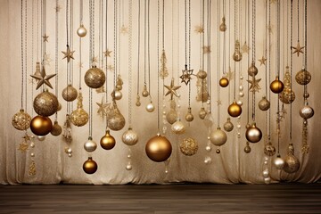 Adorned with Golden Sparkling Ornaments on Background Whimsical Wall Wonderland