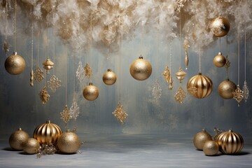 Adorned with Golden Sparkling Ornaments on Background Whimsical Wall Wonderland