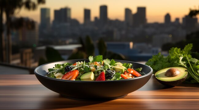 Mamoncillo fruit salad kale avocado cherry tomato served rooftop restaurant vibrant terrace sunset city light softly blurred behind promoting nutritious balanced meal Scientific name Melicoccus