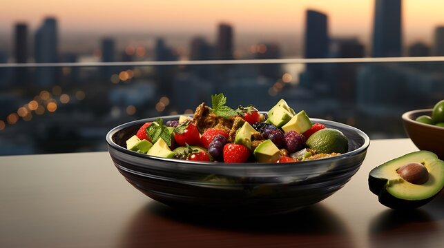 Mamoncillo fruit salad kale avocado cherry tomato served rooftop restaurant vibrant terrace sunset city light softly blurred behind promoting nutritious balanced meal Scientific name Melicoccus