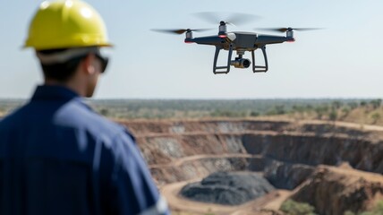 A man is watching a drone fly over a large pit