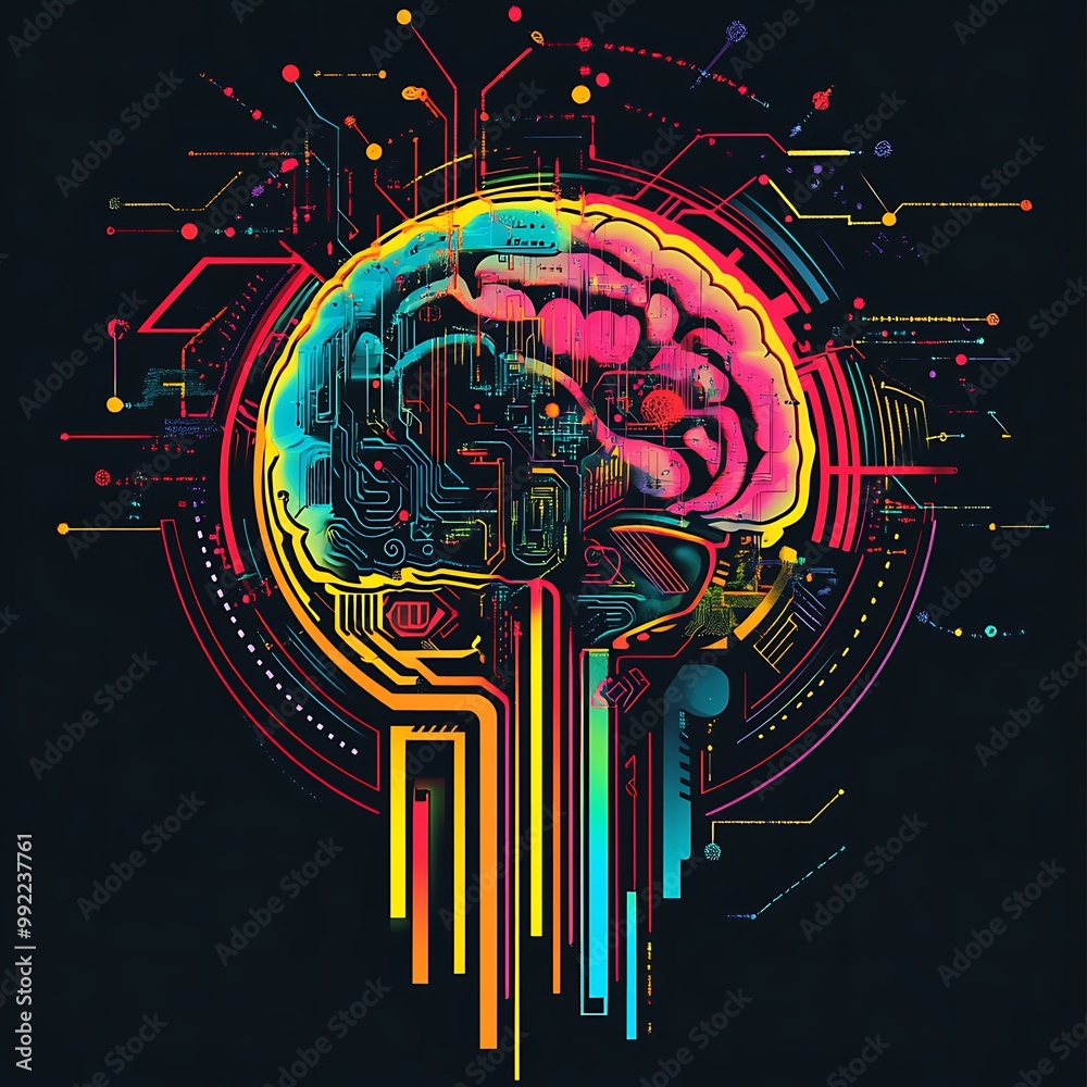 Poster A colorful digital brain with circuit board patterns.
