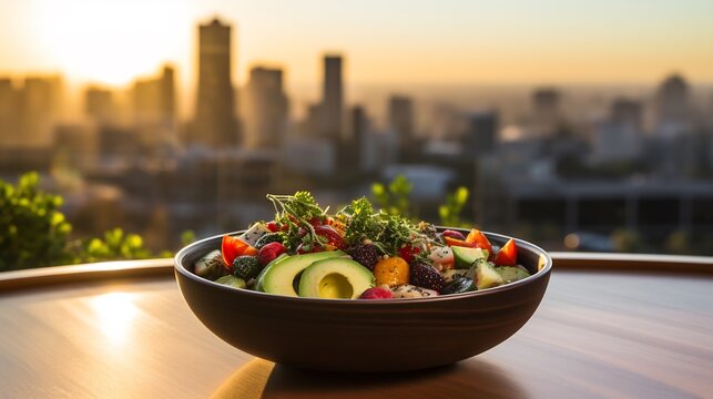 Mamoncillo fruit salad kale avocado cherry tomato served rooftop restaurant vibrant terrace sunset city light softly blurred behind promoting nutritious balanced meal Scientific name Melicoccus