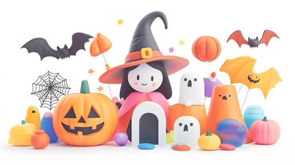 Fototapeta premium Cute Halloween Cartoon Witch with Pumpkins, Ghosts, and Bats