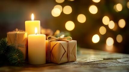 Christmas Candles  Gifts  and Lights on Wooden Table