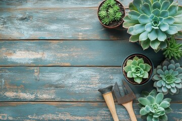 wooden table displays succulent plants and gardening tools, promoting a relaxing hobby with room for text