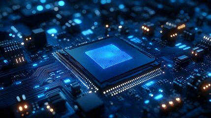 Fototapeta premium A Close Up View of a Computer Motherboard with a Glowing Blue Processor, Creating a Futuristic Tech Background Animation