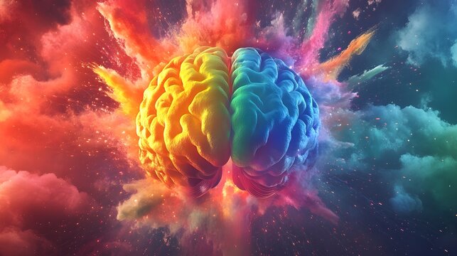 A Brain Exploding with Colorful Smoke and Sparks