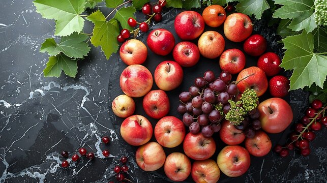 Mamoncillo fruits arranged circle sleek black marble countertop highend kitchen vibrant tropical plants softly blurred the background blending luxury with nature Scientific name Melicoccus bijugatus