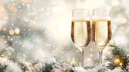 Two Glasses of Champagne on Snowy Pine Branches with Festive Lights