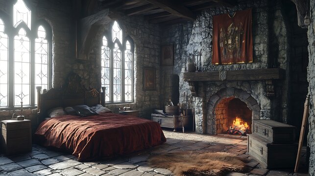 Cozy bedroom in a medieval castle with a fireplace and large windows