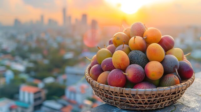 Mamoncillo fruits placed woven basket stylish rooftop terrace brightcolored cocktails the sunset city skyline softly blurred behind promoting a vibrant urban vibe Scientific name Melicoccus bijugatus