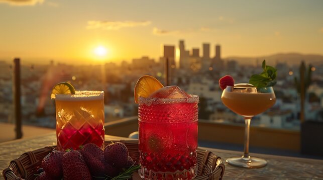 Mamoncillo fruits placed woven basket stylish rooftop terrace brightcolored cocktails the sunset city skyline softly blurred behind promoting a vibrant urban vibe Scientific name Melicoccus bijugatus