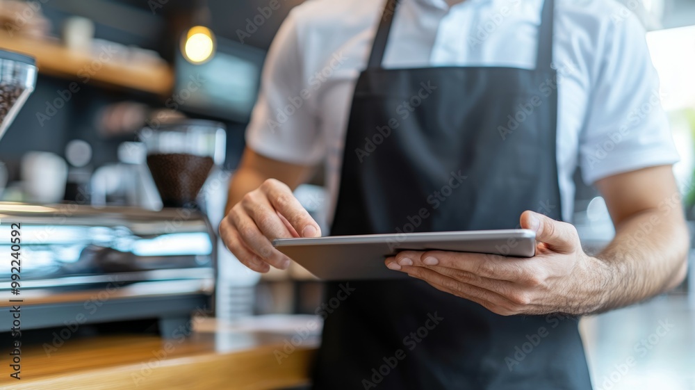 Sticker A man wearing a black apron is holding a tablet in his hand