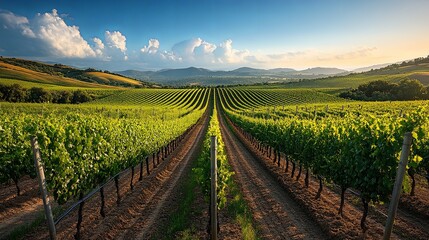 Naklejka premium Scenic Vineyard Landscape at Sunset in Rolling Hills