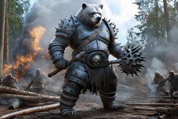 Fototapeta premium A bear warrior in thick steel armor, holding a massive spiked club, standing on a forest battlefield with fallen trees and smoke rising