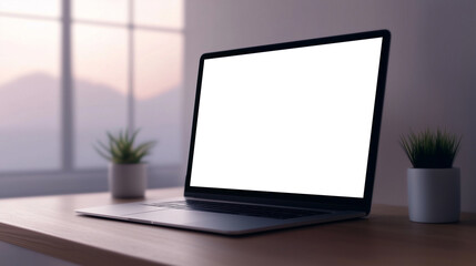 Fototapeta premium A modern laptop sits on wooden desk, surrounded by small potted plants, creating serene workspace atmosphere. blank screen invites creativity and productivity.