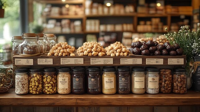 Mangosteen energy bites displayed wooden counter stylish health food store labels highlighting their benefits immune support energy blending nutrition modern retail Scientific name Garcinia mangostana