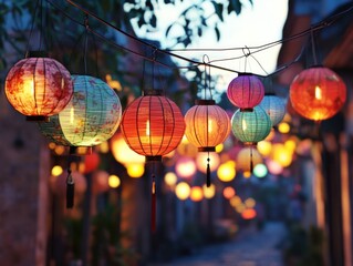 Colorful Hanging Lanterns in Evening Light