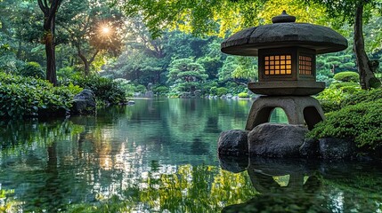 Serene Garden with Stone Lantern at Sunrise