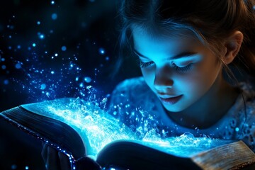 A book lover opening a glowing book, with pages that come to life, revealing a magical world of adventure and fantasy