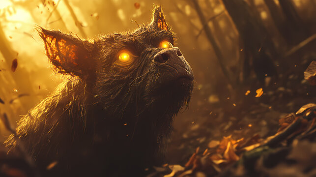 Golden hour sunlight illuminates a chupacabra's wrinkled skin as it gazes upward, its eyes an unsettling yellow, amidst a scattering of eerie forest litter. Chupacabra. Illustration