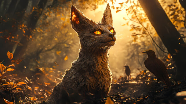 Golden hour sunlight illuminates a chupacabra's wrinkled skin as it gazes upward, its eyes an unsettling yellow, amidst a scattering of eerie forest litter. Chupacabra. Illustration