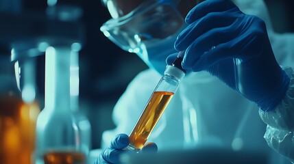 Scientist in a Laboratory Holding a Glass Vial with a Liquid