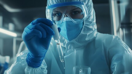 A Scientist in Protective Gear Using a Pipette