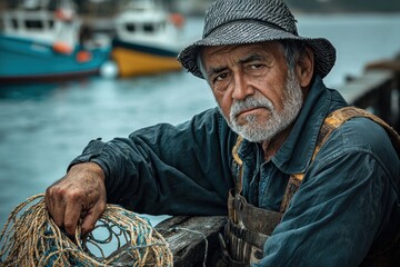 Obraz premium Weathered fisherman with beard holding fishing net near boats