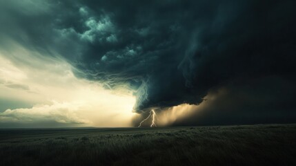Obraz premium A wide shot of a supercell thunderstorm, with dark clouds swirling and a bolt of lightning striking the ground.