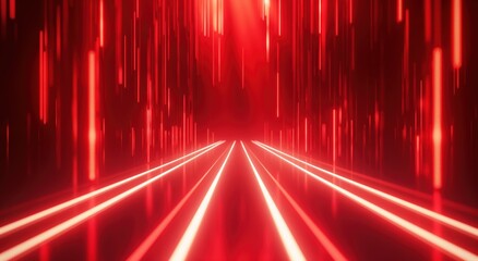 Red and white image of a long, narrow hallway with red lines. The hallway is lit with red lights, creating a sense of depth and movement. The red and white colors give the image a bold