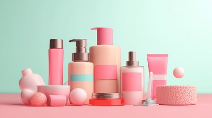 Pink and Pastel Beauty Products Arranged on a Pink Surface